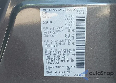 2015 Nissan Pathfinder Platinum из США, поврежденный, VIN 5N1AR2MM9FC658194